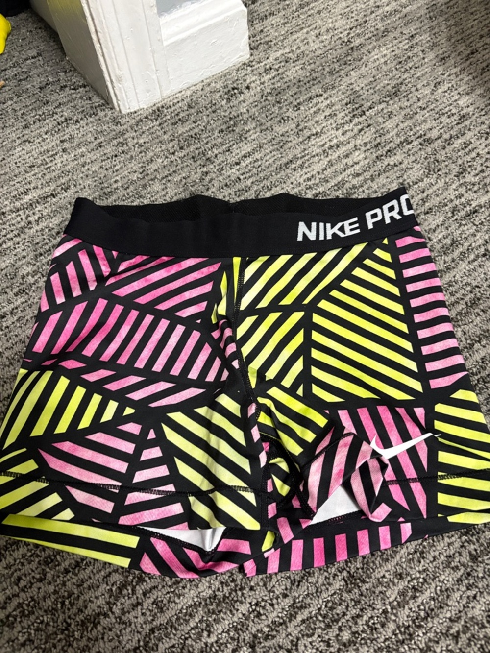 Nike Pro Women’s Pink & Neon Yellow Geometric Bike Shorts